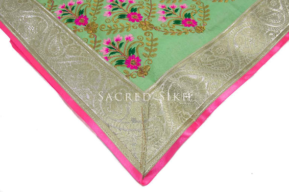 Rumalla Sahib Pistachio Green with Pink Floral Design