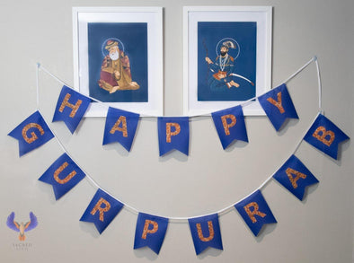 Bunting Flag Decorations - Happy Gurpurab - Blue and Orange - Sacred Sikh