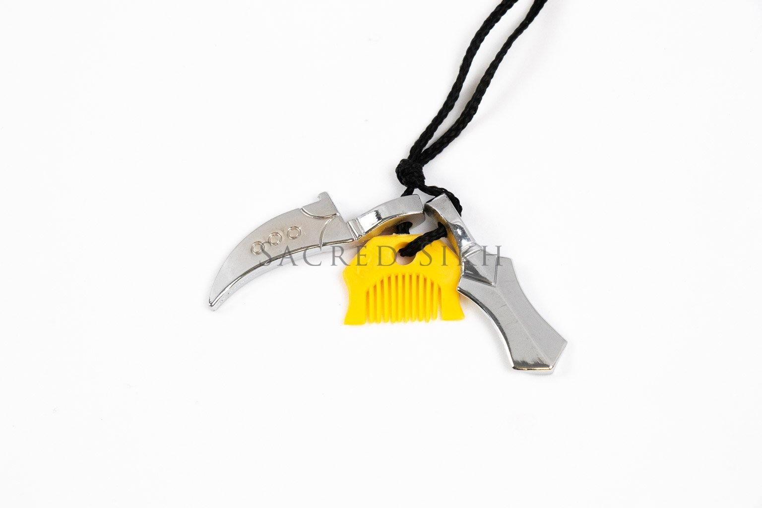 Sikh Punjabi Gold Plated Khanda Kirpan Comb Black Thread Singh Khalsa Necklace Gift